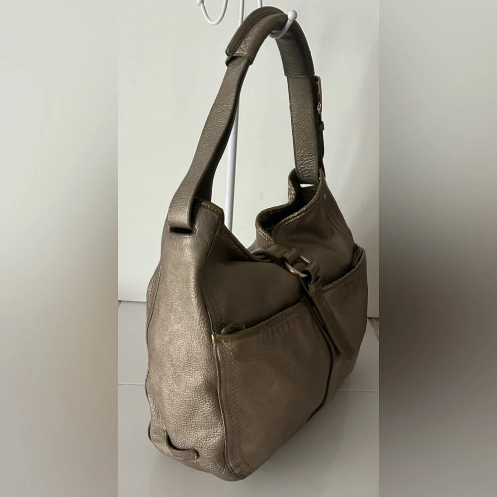 Cole Haan Metallic Gold Leather Hobo Shoulder Bag Buckle Detail Purse